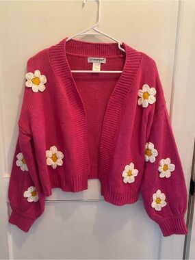 Cotton Emporium Hot Pink Daisy-Appliqué Cardigan